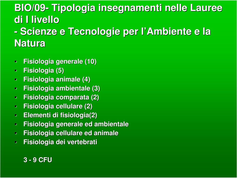 Fisiologia ambientale (3) Fisiologia comparata (2) Fisiologia cellulare (2) Elementi di