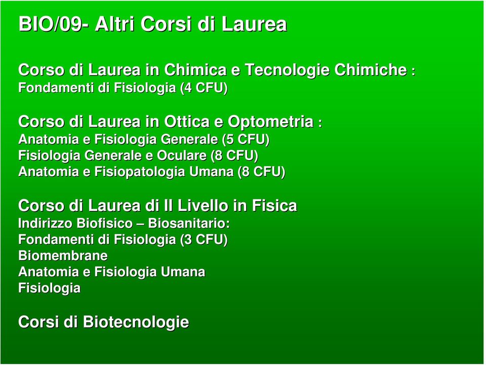 Oculare (8 CFU) Anatomia e Fisiopatologia Umana (8 CFU) Corso di Laurea di II Livello in Fisica Indirizzo