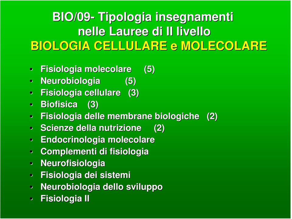 delle membrane biologiche (2) Scienze della nutrizione (2) Endocrinologia molecolare