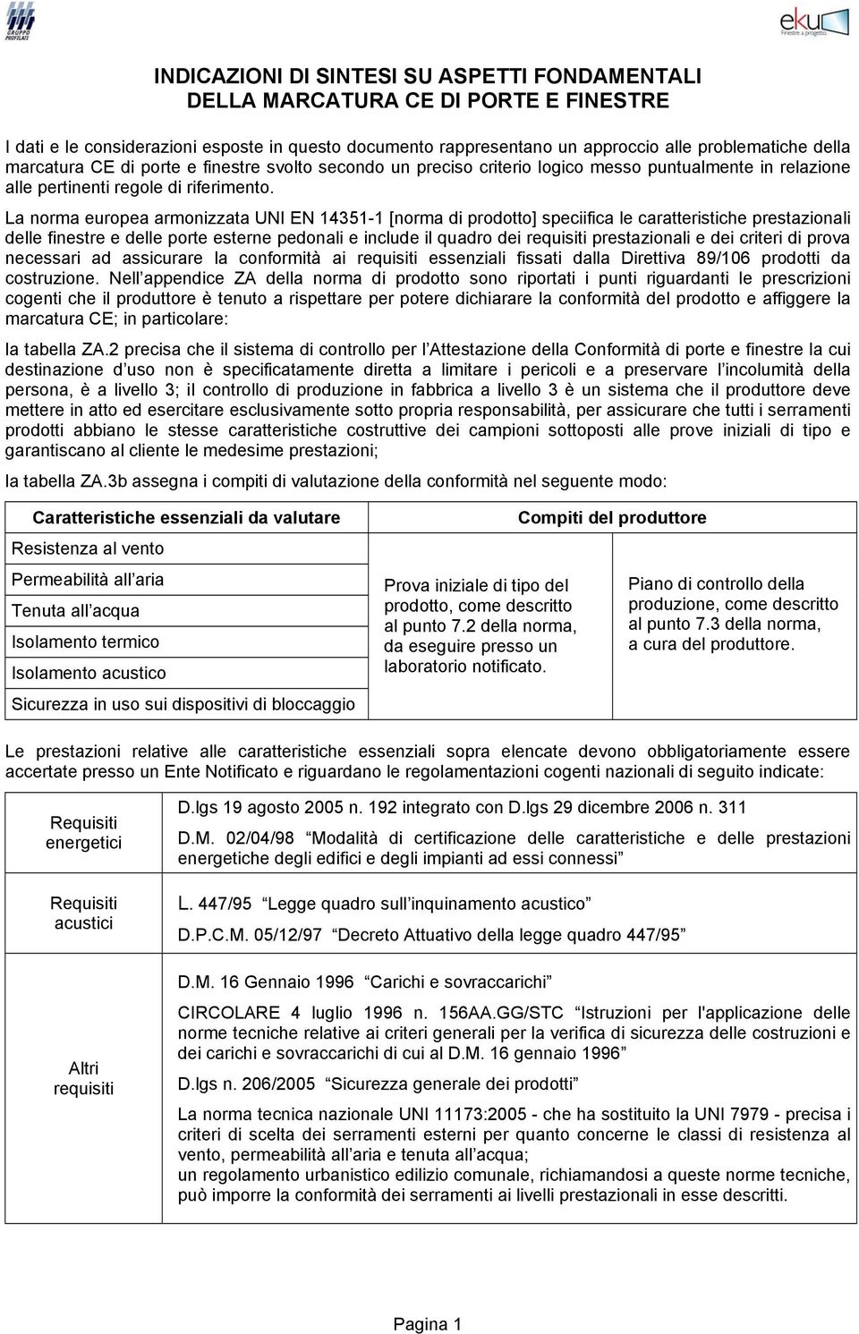 La norma europea armonizzata UNI EN 14351-1 [norma di prodotto] speciifica le caratteristiche prestazionali delle finestre e delle porte esterne pedonali e include il quadro dei requisiti