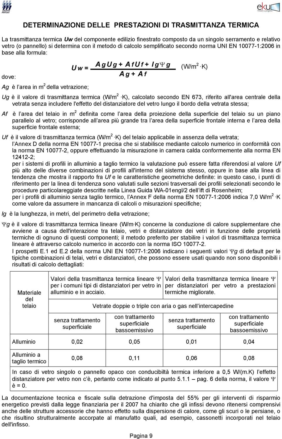 valore di trasmittanza termica (W/m 2 K), calcolato secondo EN 673, riferito all'area centrale della vetrata senza includere l'effetto del distanziatore del vetro lungo il bordo della vetrata stessa;