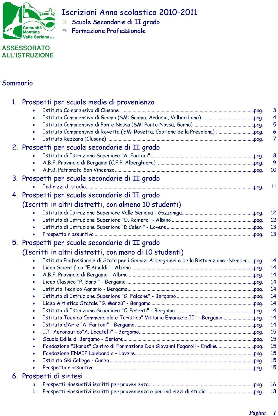 ..pag. 5 Istituto Comprensivo di Rovetta (SM: Rovetta, Castione della Presolana)...pag. 6 Istituto Rezzara (Clusone)...pag. 7 2.