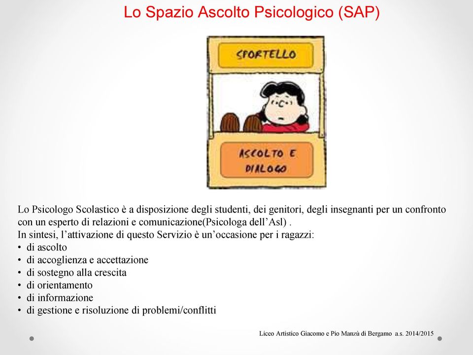 In sintesi, l attivazione di questo Servizio è un occasione per i ragazzi: di ascolto di accoglienza e