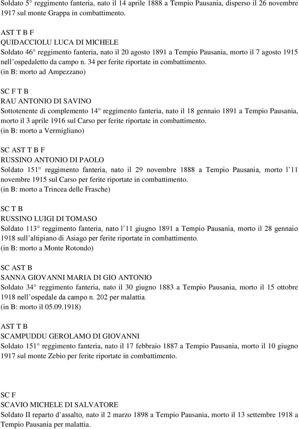 (in B: morto ad Ampezzano) SC F T B RAU ANTONIO DI SAVINO Sottotenente di complemento 14 reggimento fanteria, nato il 18 gennaio 1891 a Tempio Pausania, morto il 3 aprile 1916 sul Carso per ferite