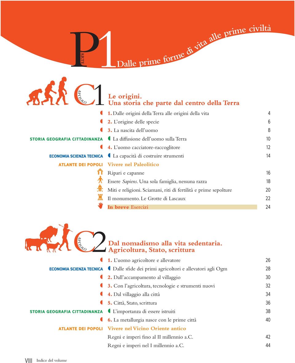 L uomo cacciatore-raccoglitore 12 Economia scienza tecnica º La capacità di costruire strumenti 14 Atlante dei popoli Vivere nel Paleolitico Ripari e capanne 16 Essere Sapiens.