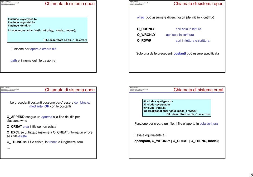 : descrittore se ok, -1 se errore O_RDWR apri in lettura e scrittura Funzione per aprire o creare file Solo una delle precedenti costanti può essere specificata path e il nome del file da aprire