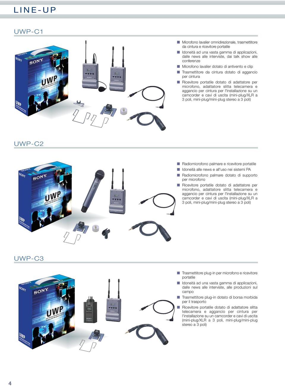 e aggancio per cintura per l'installazione su un camcorder e cavi di uscita (mini-plug/xlr a 3 poli, mini-plug/mini-plug stereo a 3 poli) UWP-C2 Radiomicrofono palmare e ricevitore portatile Idoneità