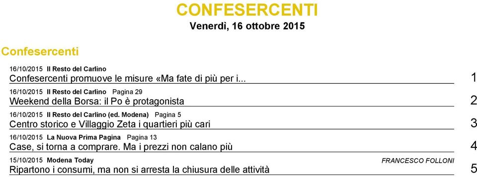 Modena) Pagina 5 Centro storico e Villaggio Zeta i quartieri più cari 3 16/10/2015 La Nuova Prima Pagina Pagina 13 Case, si torna