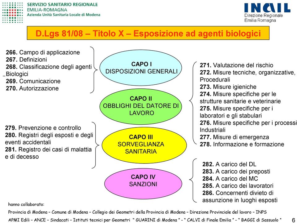 Registro dei casi di malattia e di decesso CAPO I DISPOSIZIONI GENERALI CAPO II OBBLIGHI DEL DATORE DI LAVORO CAPO III SORVEGLIANZA SANITARIA CAPO IV SANZIONI 271. Valutazione del rischio 272.