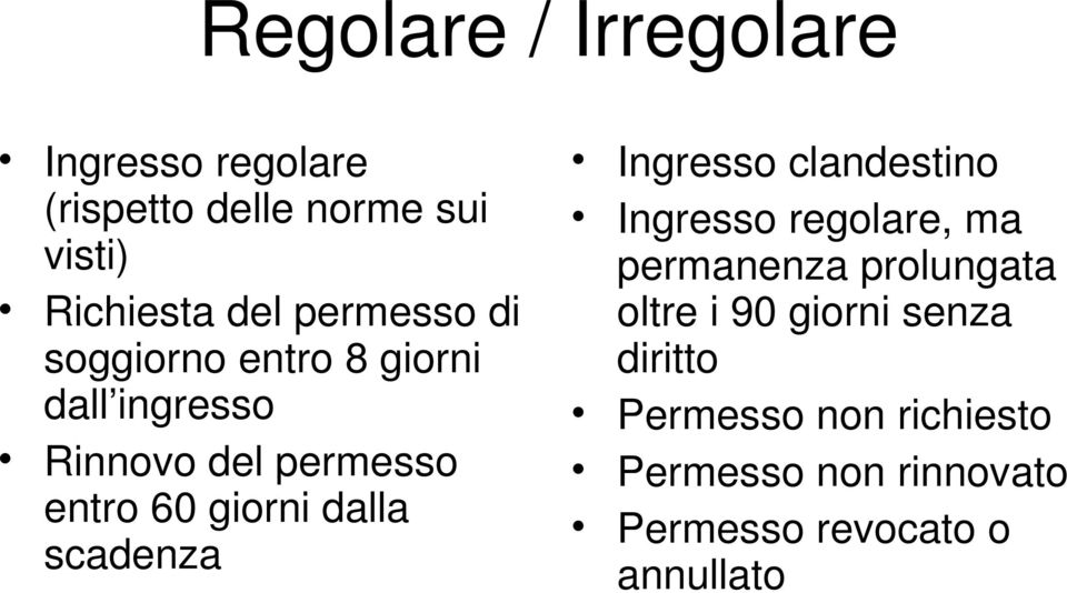 dalla scadenza Ingresso clandestino Ingresso regolare, ma permanenza prolungata oltre i 90