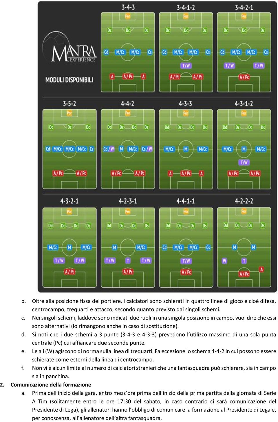 oè difesa, centrocampo, trequarti e attacco, secondo quanto previsto dai singoli schemi. c. Nei singoli schemi, laddove sono indicati due ruoli in una singola posizione in campo, vuol dire che essi sono alternativi (lo rimangono anche in caso di sostituzione).