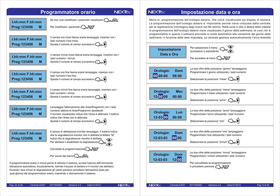 hh:mm Prg:123456 M Se nn vui mdificare i parametri visualizzati Per mdificare i parametri Il camp ra inizi fascia raria lampeggia, inserisci cn i tasti numerici l ra inizi.