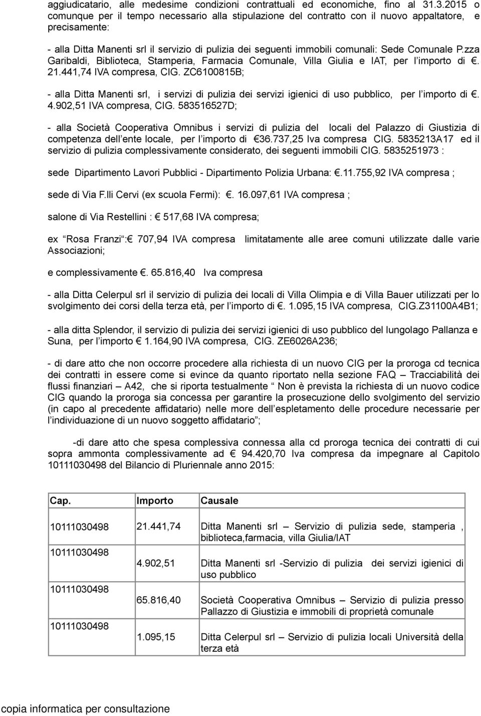 Sede Comunale P.zza Garibaldi, Biblioteca, Stamperia, Farmacia Comunale, Villa Giulia e IAT, per l importo di. 21.441,74 IVA compresa, CIG.