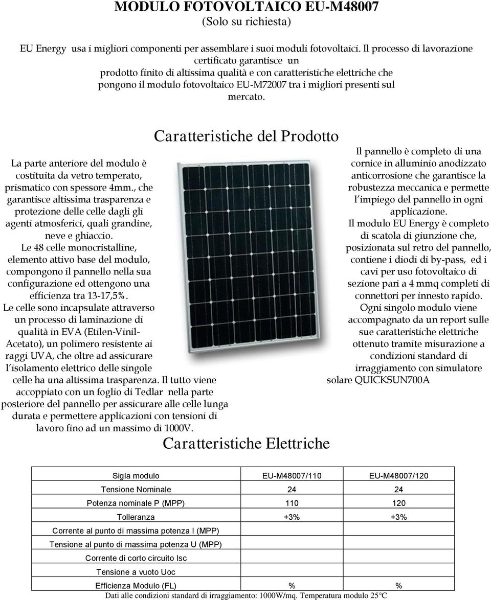 mercato. La parte anteriore del modulo è costituita da vetro temperato, prismatico con spessore 4mm.