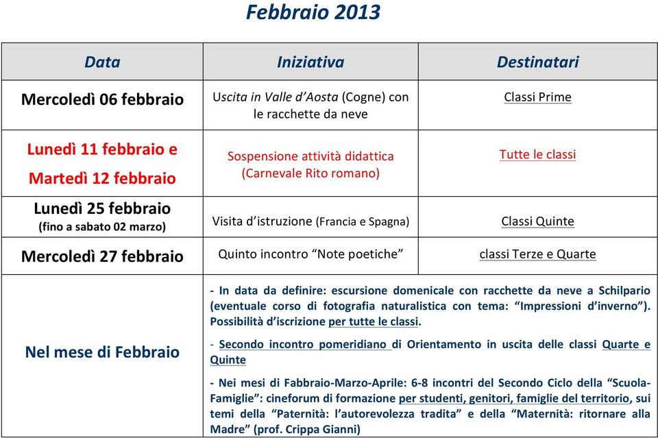 - In data da definire: escursione domenicale con racchette da neve a Schilpario (eventuale corso di fotografia naturalistica con tema: Impressioni d inverno ).