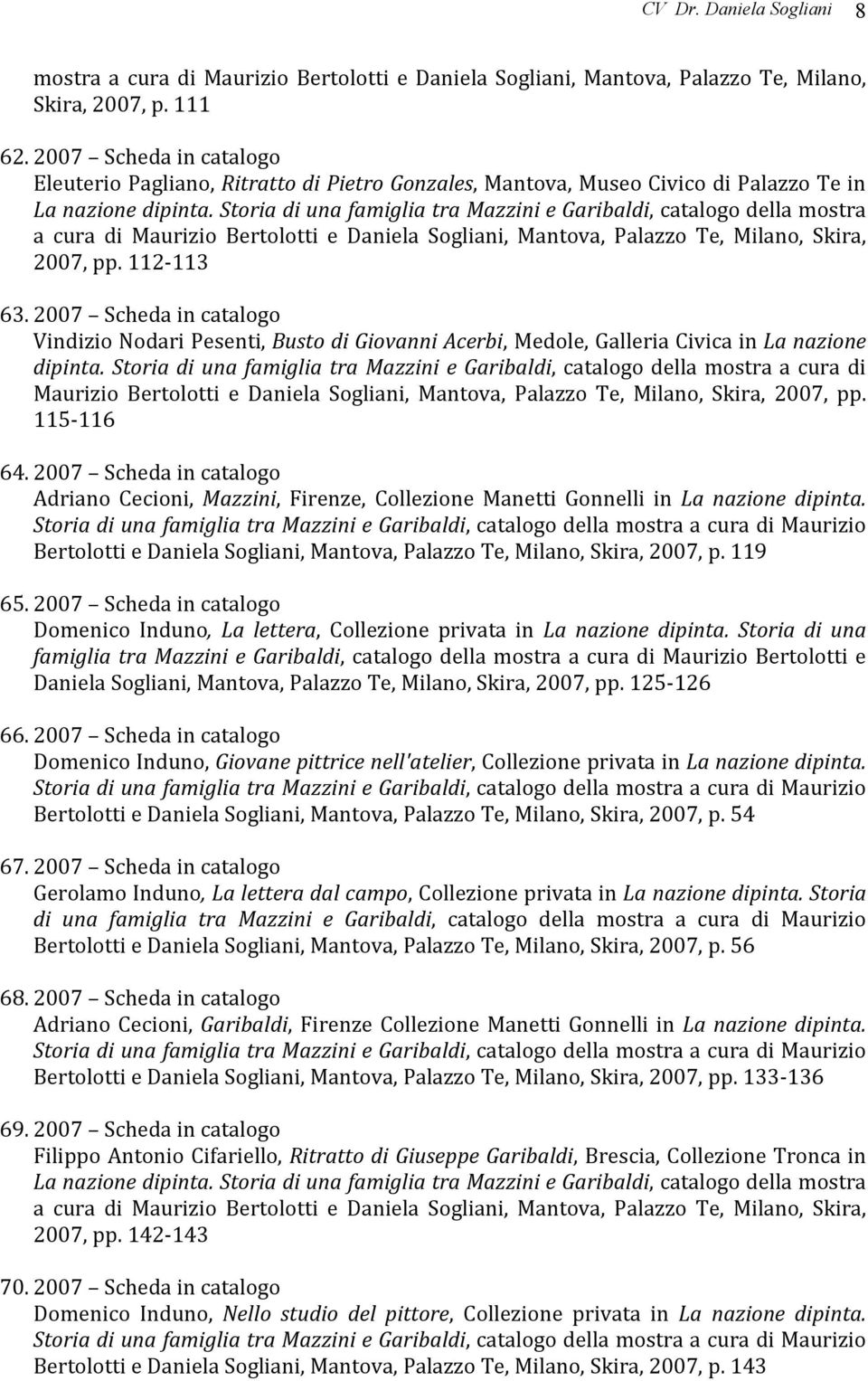 Storia di una famiglia tra Mazzini e Garibaldi, catalogo della mostra a cura di Maurizio Bertolotti e Daniela Sogliani, Mantova, Palazzo Te, Milano, Skira, 2007, pp. 112-113 63.
