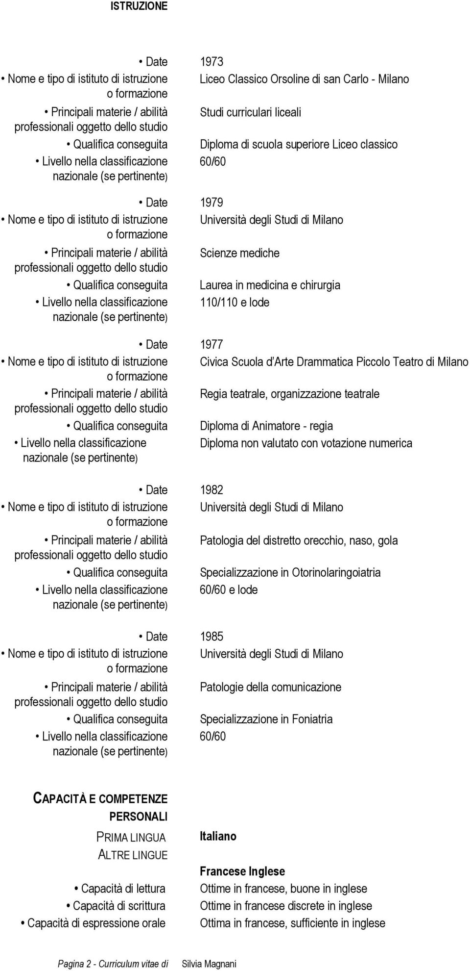 conseguita Laurea in medicina e chirurgia Livello nella classificazione 110/110 e lode Date 1977 Nome e tipo di istituto di istruzione Civica Scuola d Arte Drammatica Piccolo Teatro di Milano