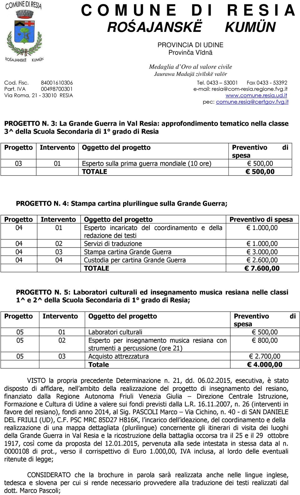 3: La Grande Guerra in Val Resia: approfondimento tematico nella classe 3^ della Scuola Secondaria di 1 grado di Resia Progetto Intervento Oggetto del progetto Preventivo di spesa 03 01 Esperto sulla