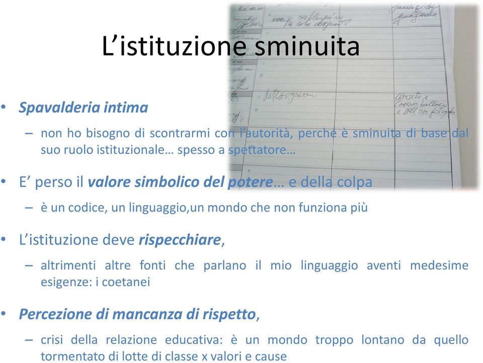 èuncodice,unlinguaggio,unmondochenonfunzionapiù L istituzione deve rispecchiare, altrimenti altre fonti che parlano il mio