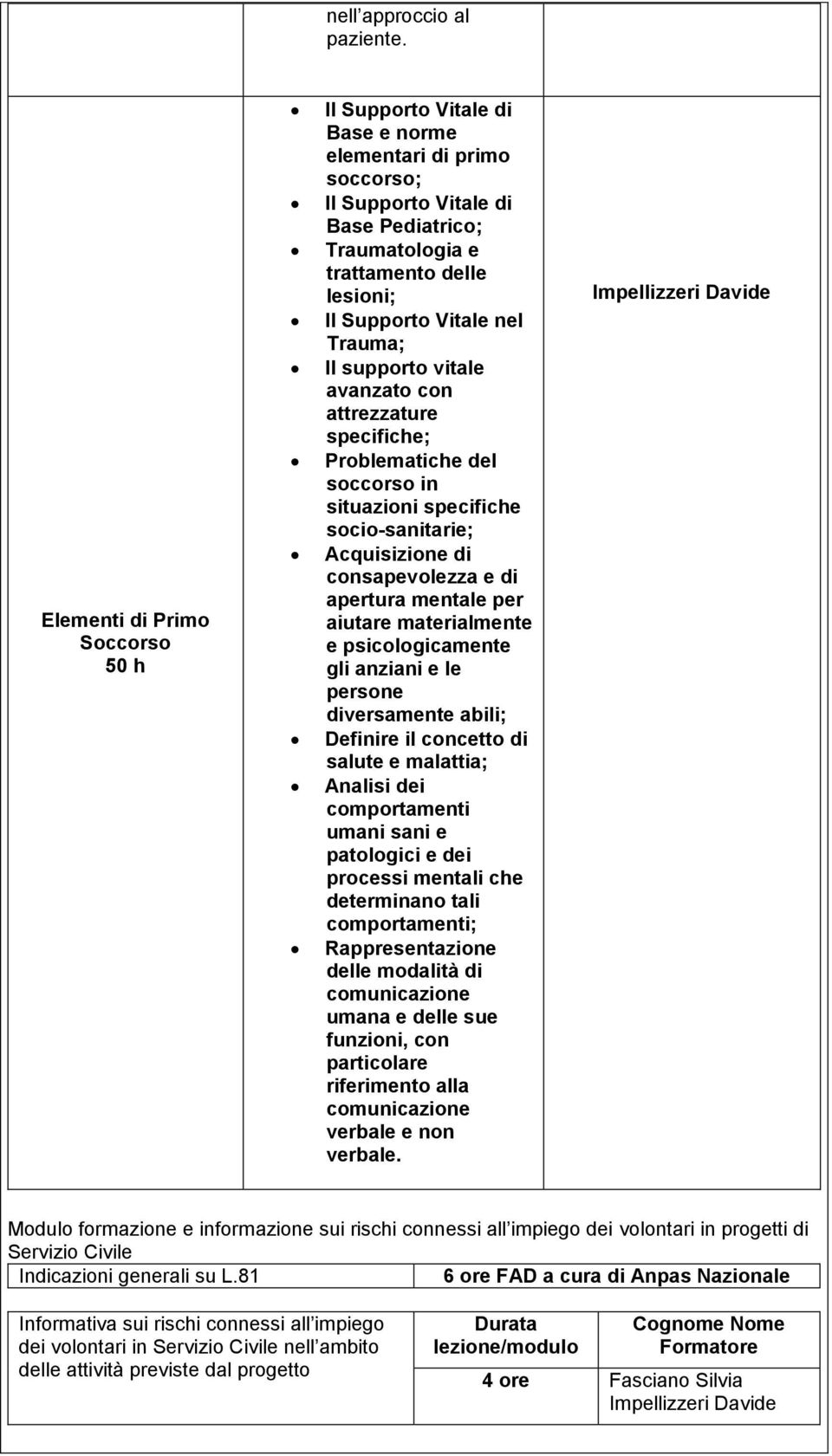 nel Trauma; Il supporto vitale avanzato con attrezzature specifiche; Problematiche del soccorso in situazioni specifiche socio-sanitarie; Acquisizione di consapevolezza e di apertura mentale per