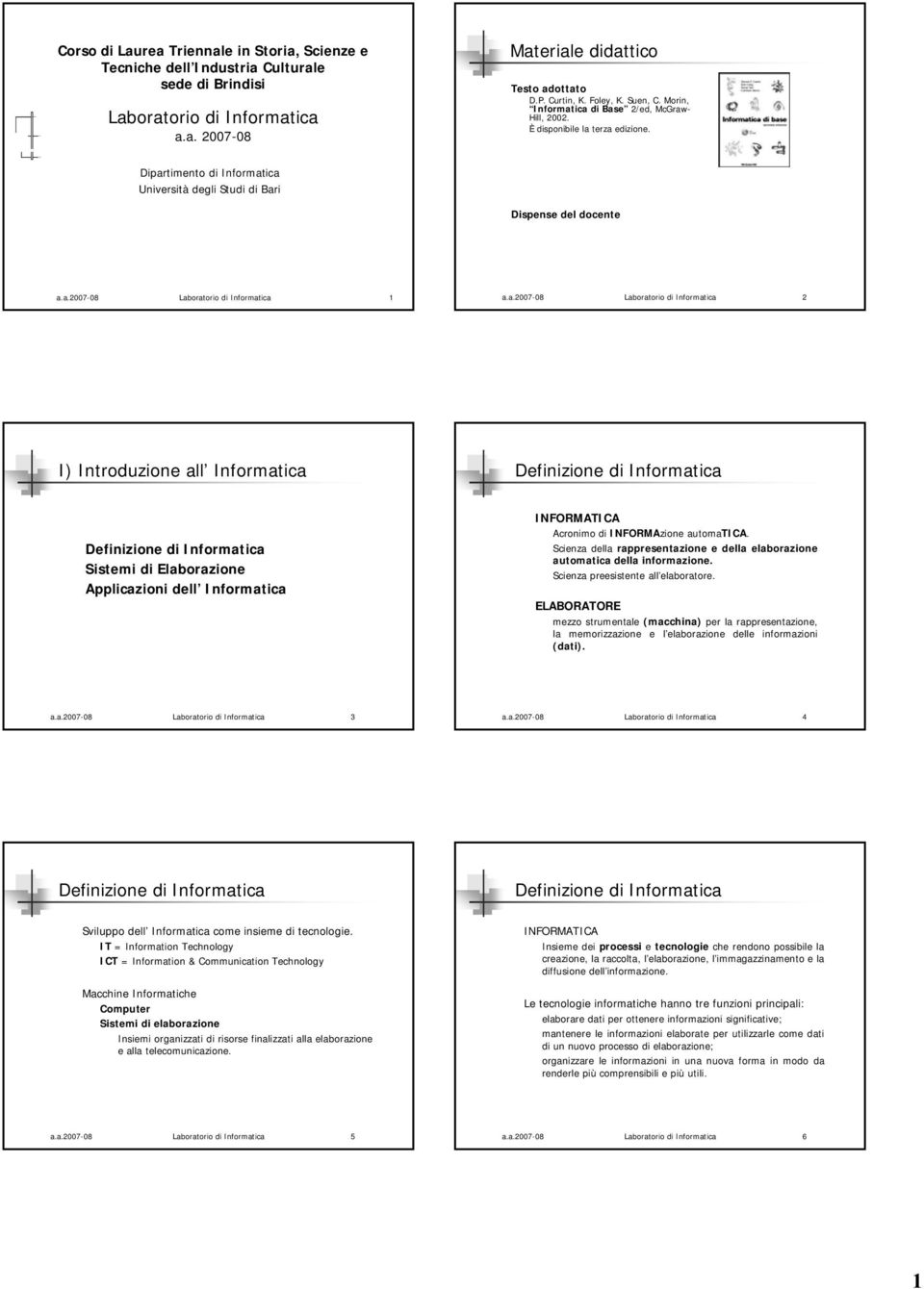 a.2007-08 Laboratorio di Informatica 2 I) Introduzione all Informatica Applicazioni dell Informatica INFORMATICA Acronimo di INFORMAzione automatica.