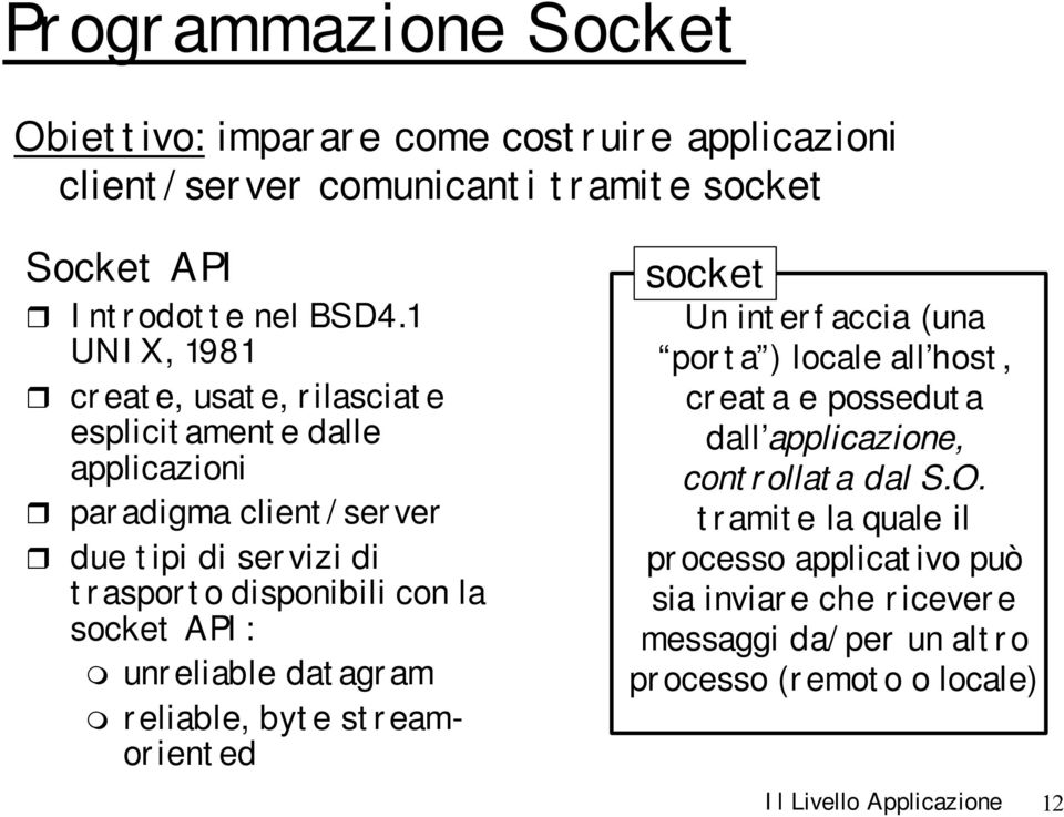 socket API: unreliable datagram reliable, byte streamoriented socket Un interfaccia (una porta ) locale all host, creata e posseduta dall applicazione,