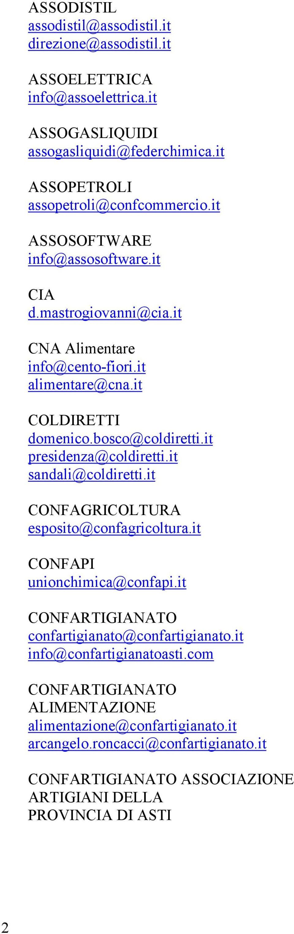 it COLDIRETTI domenico.bosco@coldiretti.it presidenza@coldiretti.it sandali@coldiretti.it CONFAGRICOLTURA esposito@confagricoltura.it CONFAPI unionchimica@confapi.