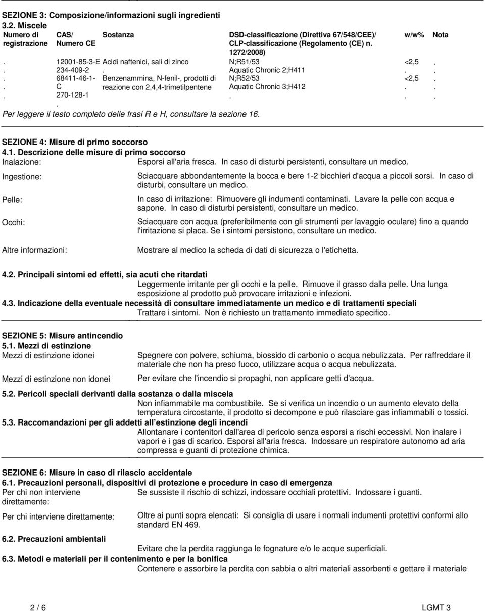 CLP-classificazione (Regolamento (CE) n 1272/2008) N;R51/53 Aquatic Chronic 2;H411 N;R52/53 Aquatic Chronic 3;H412 w/w% <2,5 <2,5 Nota SEZIONE 4: Misure di primo soccorso 41 Descrizione delle misure