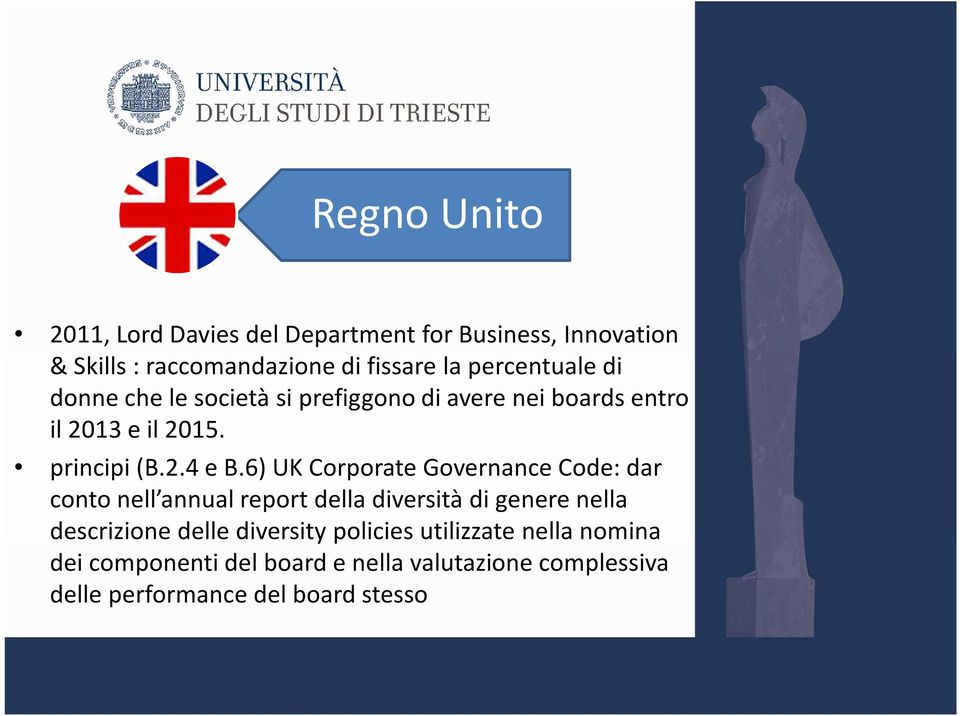 6) UK Corporate Governance Code: dar conto nell annual report della diversità di genere nella descrizione delle