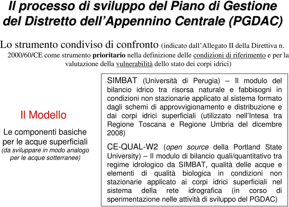 acque superficiali (da sviluppare in modo analogo per le acque sotterranee) SIMBAT (Università di Perugia) Il modulo del bilancio idrico tra risorsa naturale e fabbisogni in condizioni non