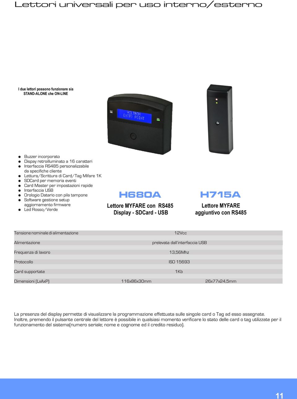 aggiornamento firmware Led Rosso/Verde H680A Lettore MYFARE con Display - SDCard - USB H715A Lettore MYFARE aggiuntivo con Tensione nominale di alimentazione Alimentazione Frequenza di lavoro 12Vcc