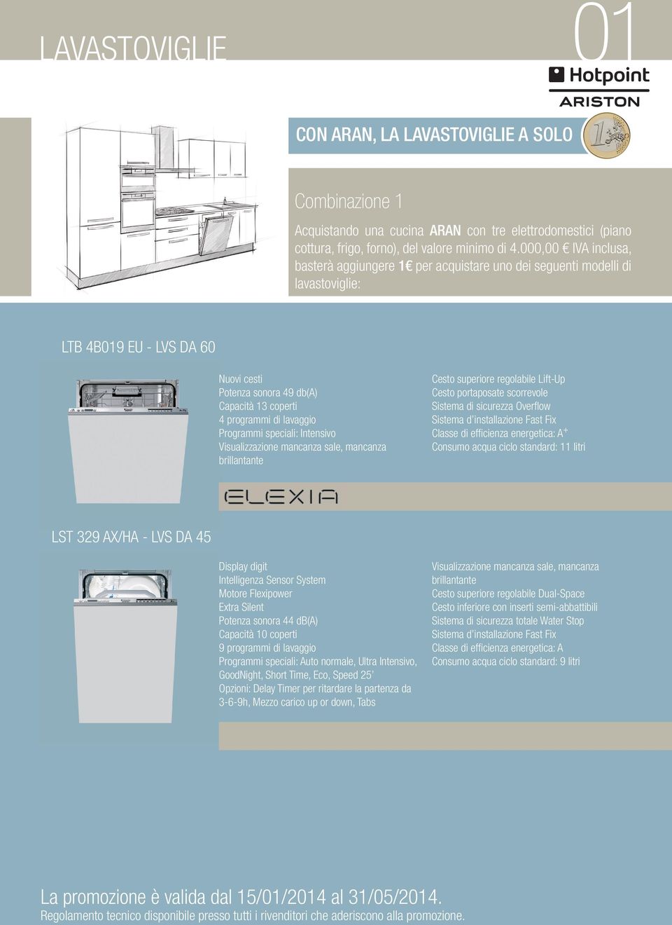 lavaggio Programmi speciali: Intensivo Visualizzazione mancanza sale, mancanza brillantante Cesto superiore regolabile Lift-Up Cesto portaposate scorrevole Sistema di sicurezza Overflow Sistema d