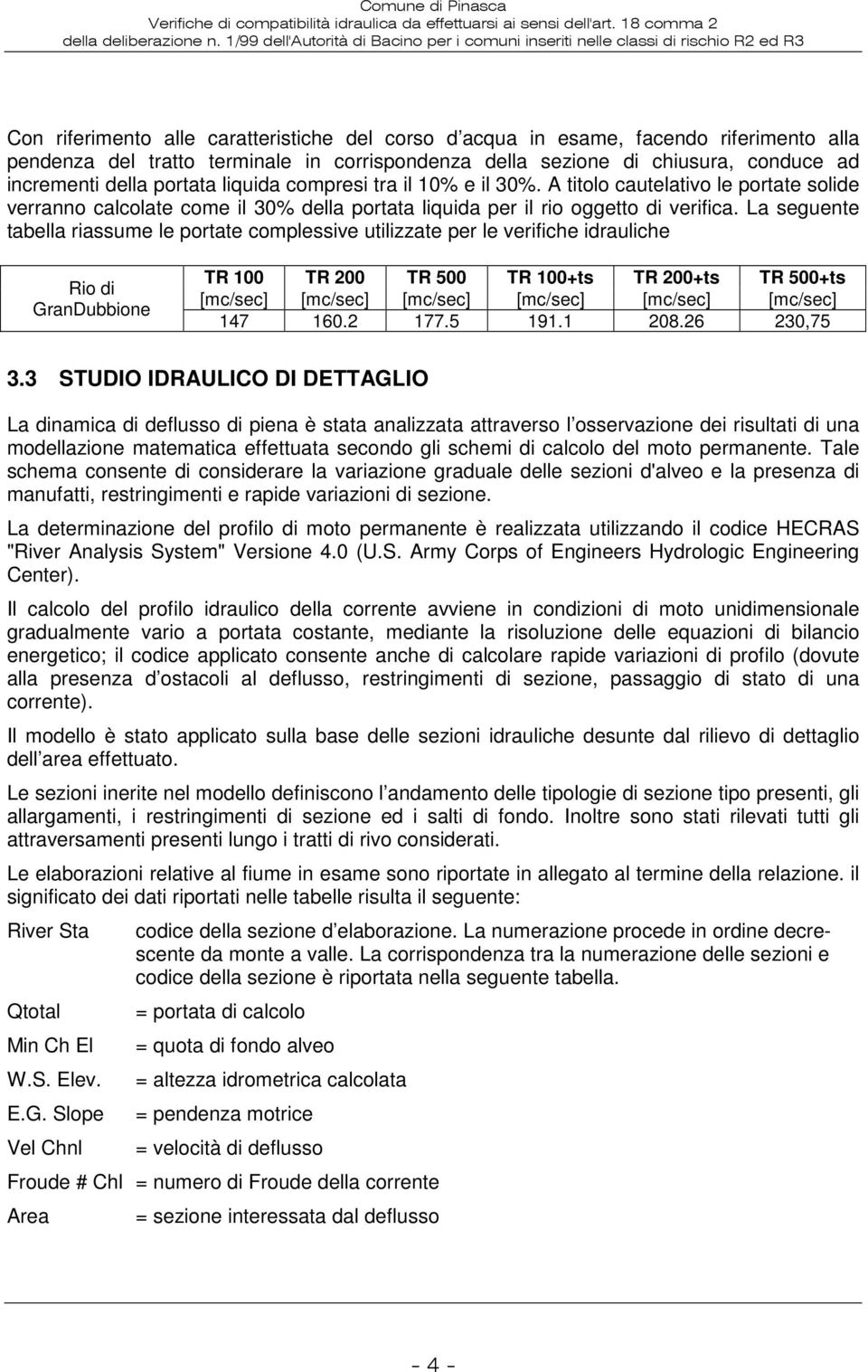 La seguente tabella riassume le portate complessive utilizzate per le verifiche idrauliche Rio di GranDubbione TR 100 TR 200 TR 500 TR 100+ts TR 200+ts TR 500+ts [mc/sec] [mc/sec] [mc/sec] [mc/sec]