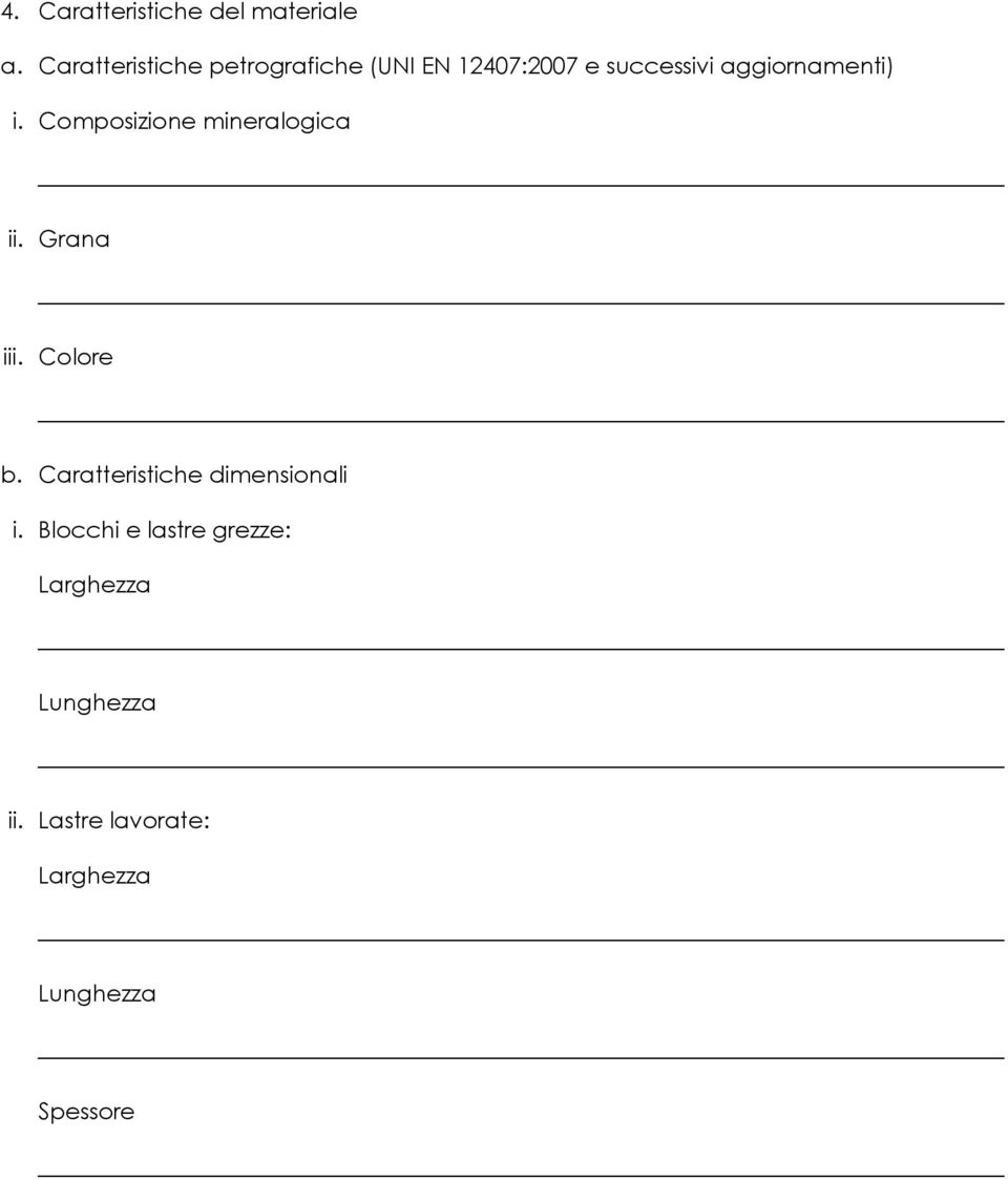 aggiornamenti) i. Composizione mineralogica ii. Grana iii. Colore b.