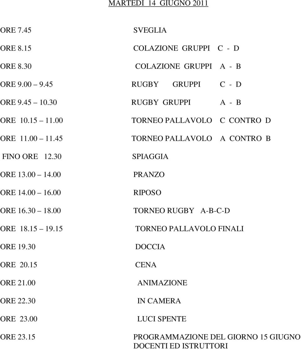 45 TORNEO PALLAVOLO A CONTRO B FINO ORE 12.30 ORE 13.00 14.00 ORE 14.00 16.00 ORE 16.30 18.00 ORE 18.15 19.15 ORE 19.