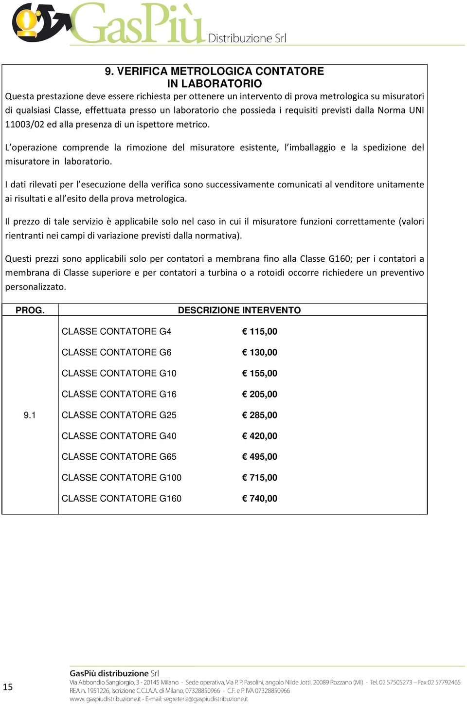 L operazione comprende la rimozione del misuratore esistente, l imballaggio e la spedizione del misuratore in laboratorio.