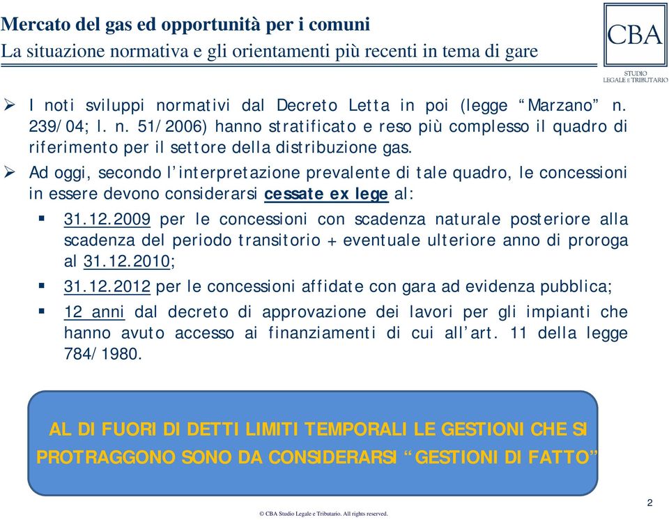 2009 per le concessioni con scadenza naturale posteriore alla scadenza del periodo transitorio + eventuale ulteriore anno di proroga al 31.12.