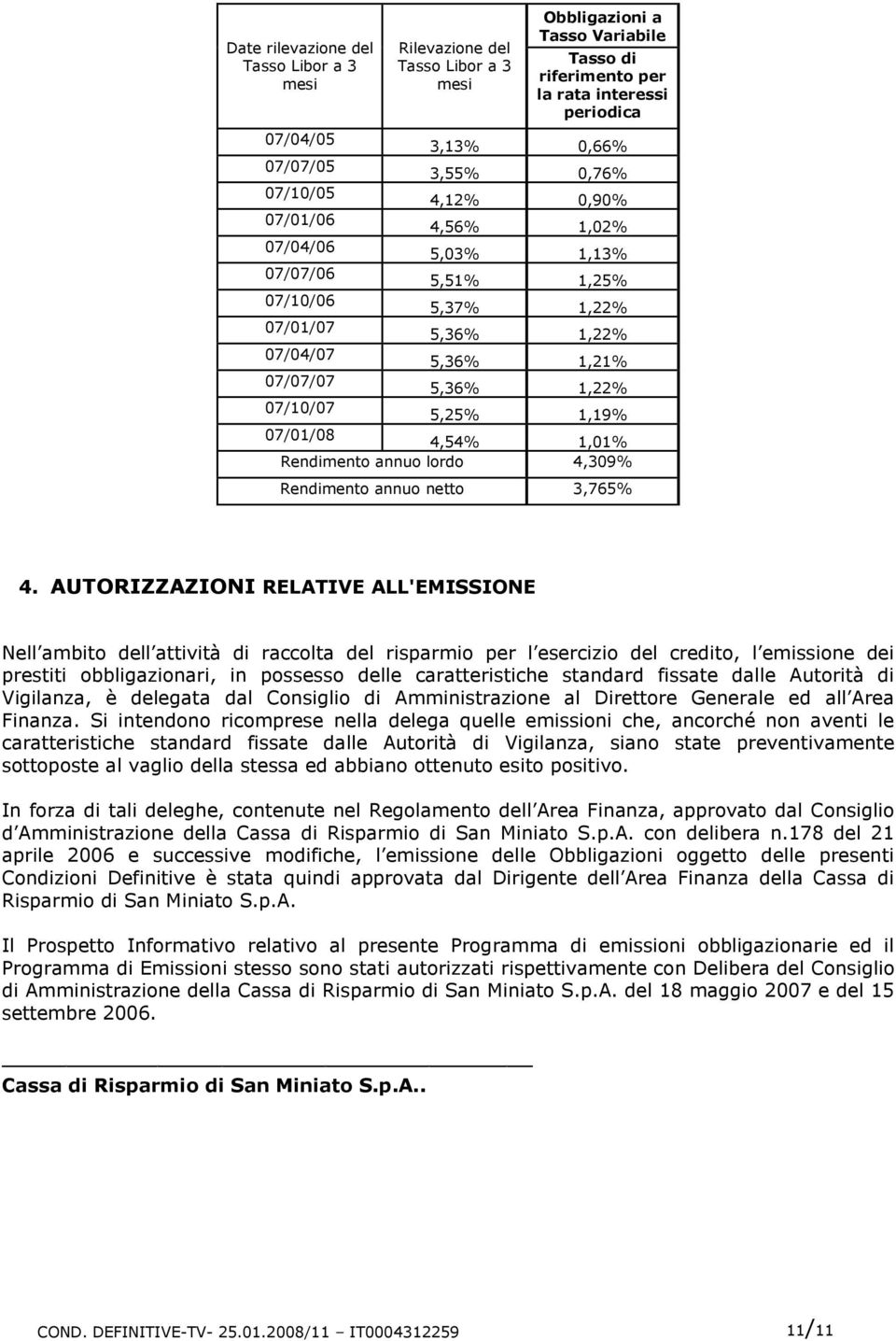 07/01/08 4,54% 1,01% Rendimento annuo lordo 4,309% Rendimento annuo netto 3,765% 4.