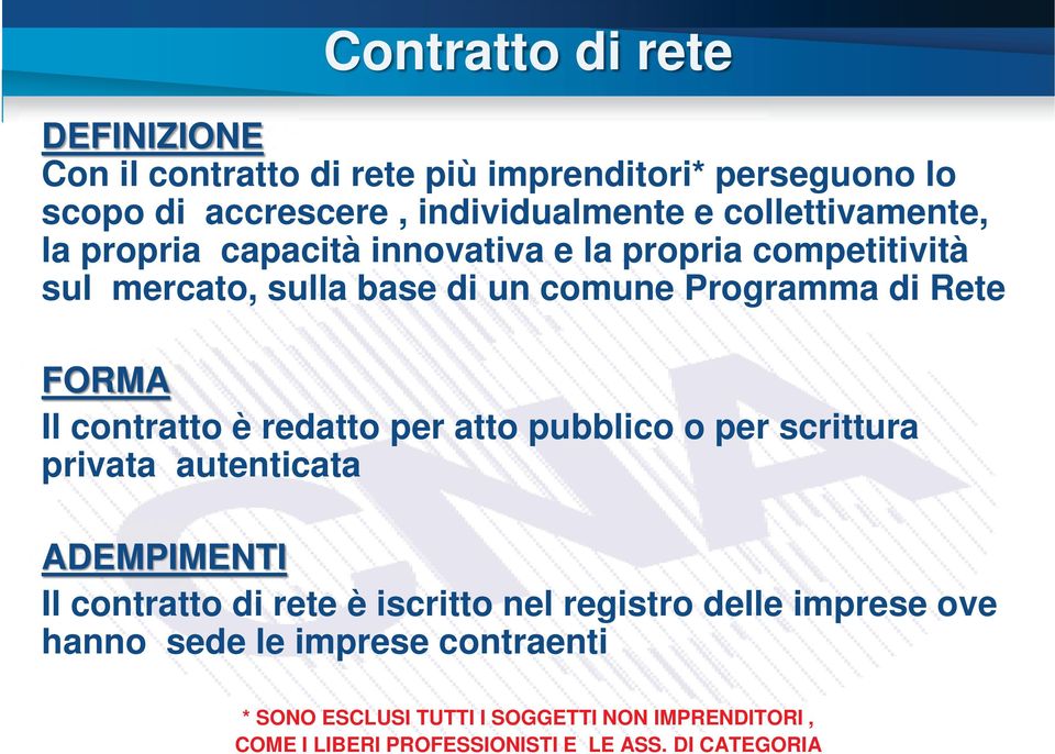 Il contratto è redatto per atto pubblico o per scrittura privata autenticata ADEMPIMENTI Il contratto di rete è iscritto nel registro