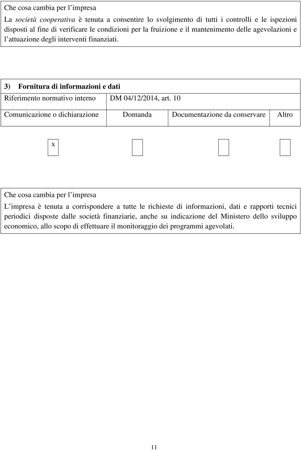 10 Comunicazione o dichiarazione Domanda Documentazione da conservare Altro x Che cosa cambia per l impresa L impresa è tenuta a corrispondere a tutte le richieste di informazioni,