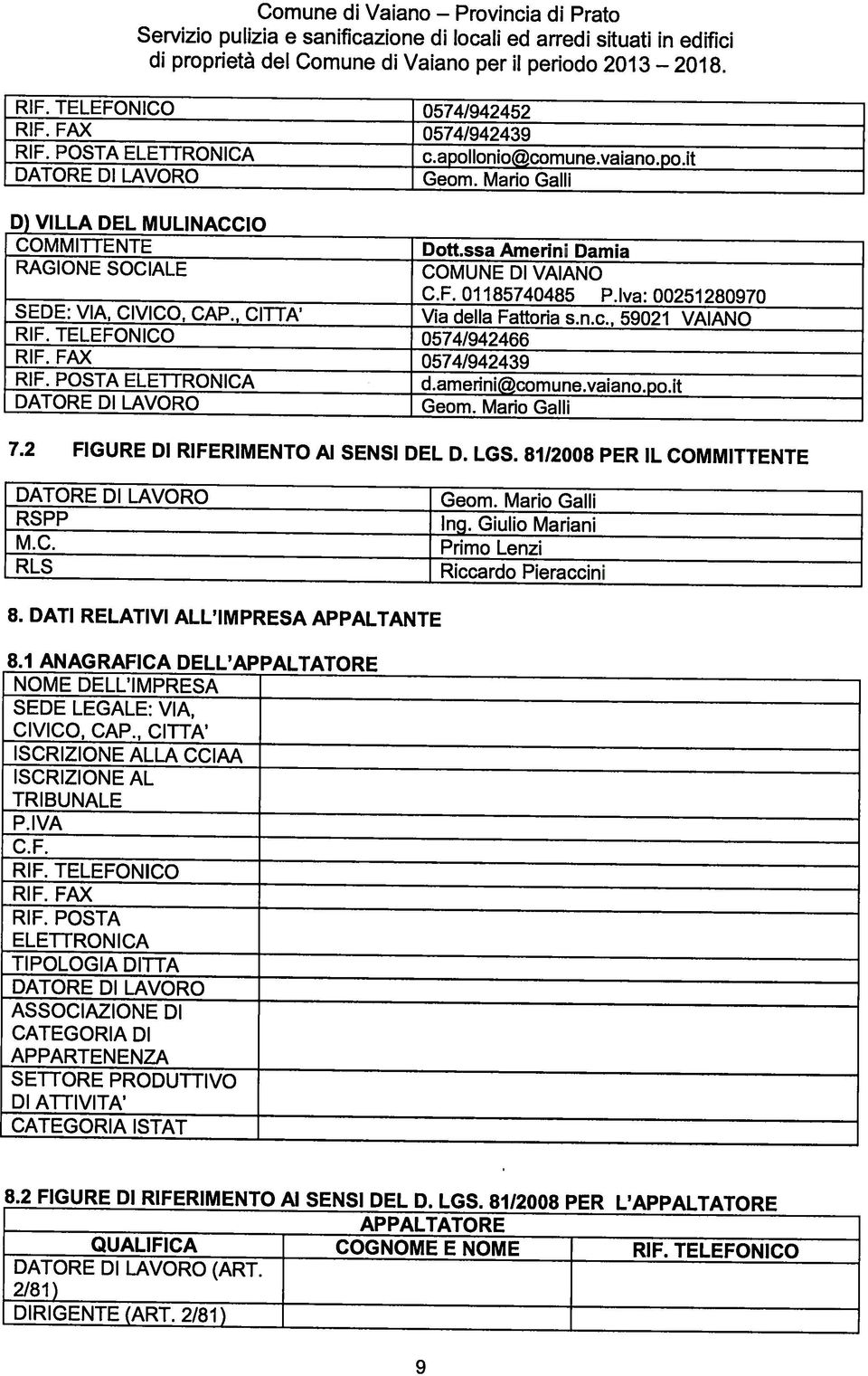 Iva: 00251280970 SEDE: VIA, CIVICO, CAP., CITTA Va della Fattora s.n.c., 59021 VAIANO RIF. TELEFONICO 0574/942466 RIF. FAX 0574/942439 RIF. POSTA ELETTRONICA d.amern@comune.vaano.po.