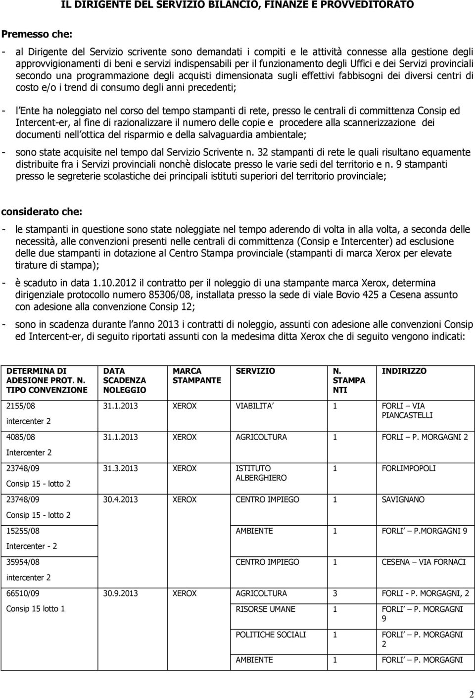 costo e/o i trend di consumo degli anni precedenti; - l Ente ha noleggiato nel corso del tempo stampanti di rete, presso le centrali di committenza Consip ed Intercent-er, al fine di razionalizzare