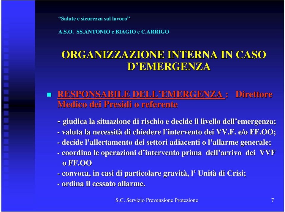 OO; - decide l allertamento l dei settori adiacenti o l allarme l generale; - coordina le operazioni d intervento d prima dell arrivo dei