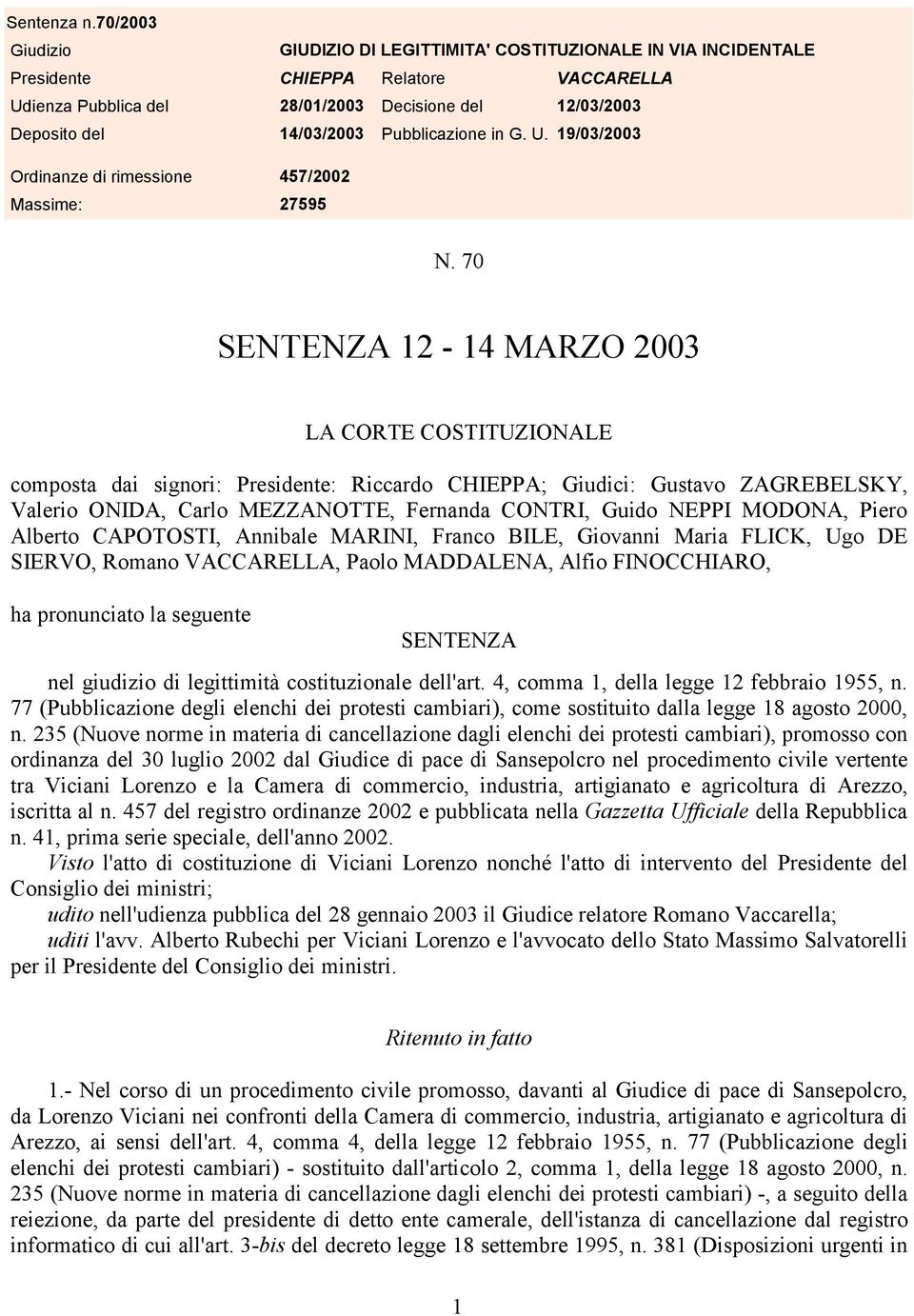 Pubblicazione in G. U. 19/03/2003 Ordinanze di rimessione 457/2002 Massime: 27595 N.