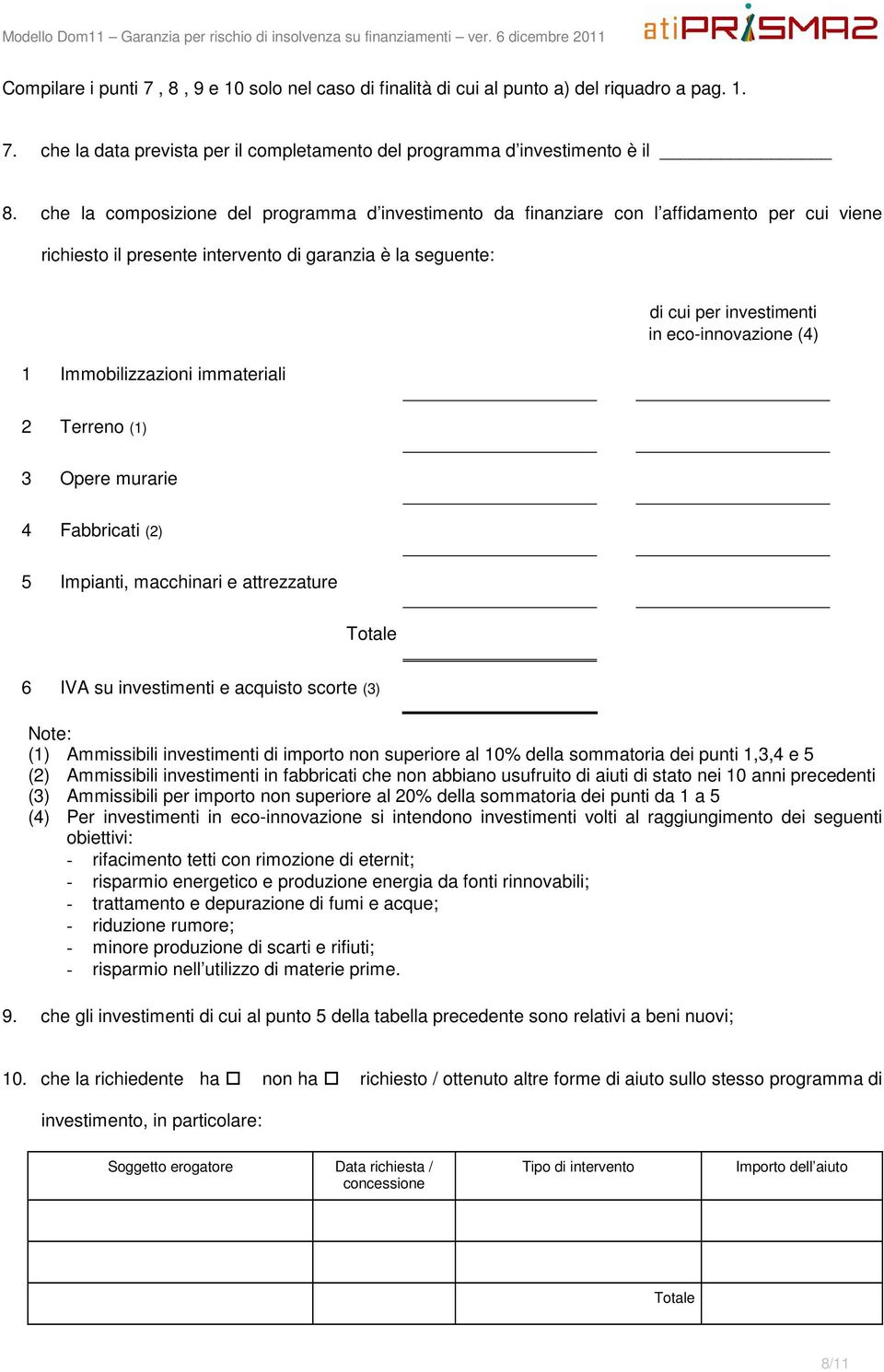 investimenti in eco-innovazione (4) 2 Terreno (1) 3 Opere murarie 4 Fabbricati (2) 5 Impianti, macchinari e attrezzature Totale 6 IVA su investimenti e acquisto scorte (3) Note: (1) Ammissibili