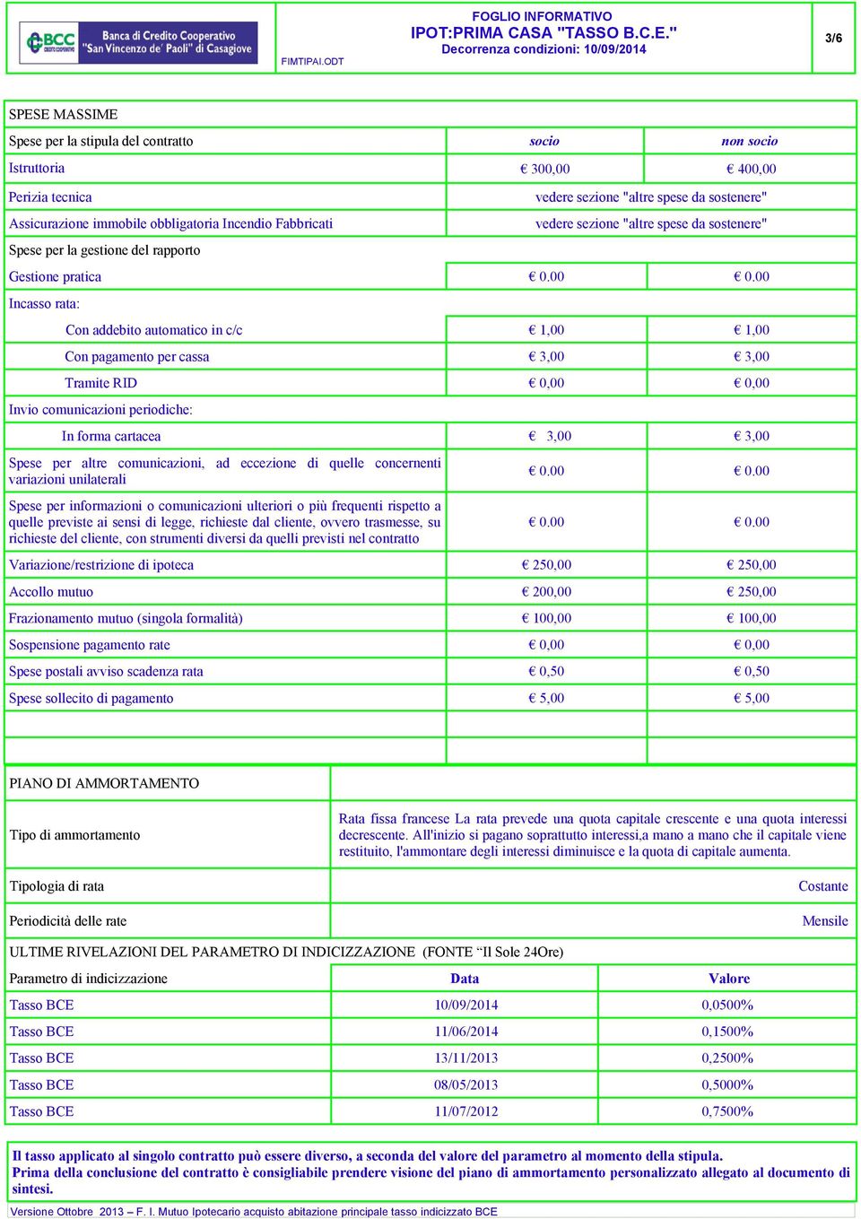 00 Incasso rata: Con addebito automatico in c/c 1,00 1,00 Con pagamento per cassa 3,00 3,00 Tramite RID 0,00 0,00 Invio comunicazioni periodiche: In forma cartacea 3,00 3,00 Spese per altre