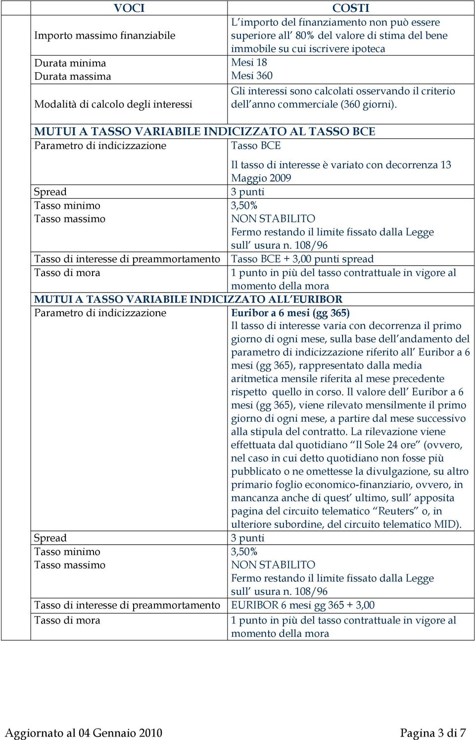 MUTUI A TASSO VARIABILE INDICIZZATO AL TASSO BCE Parametro di indicizzazione Tasso BCE Il tasso di è variato con decorrenza 13 Maggio 2009 Spread 3 punti Tasso minimo 3,50% Tasso massimo NON