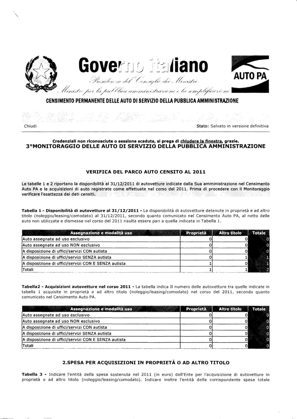 3OMONITORAGGIO DELLE AUTO DI SERVIZIO DELLA PUBBLICA AMMINISTRAZIONE VERIFICA DEL PARCO AUTO CENSITO AL 2011 Letabellele2riportan ro la disponibilità al 31/12/2OLt di autovetture indicate dalla Sua