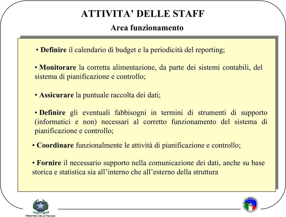 strumenti di supporto (informatici e non) necessari al corretto funzionamento del sistema di pianificazione e controllo; Coordinare funzionalmente le attività