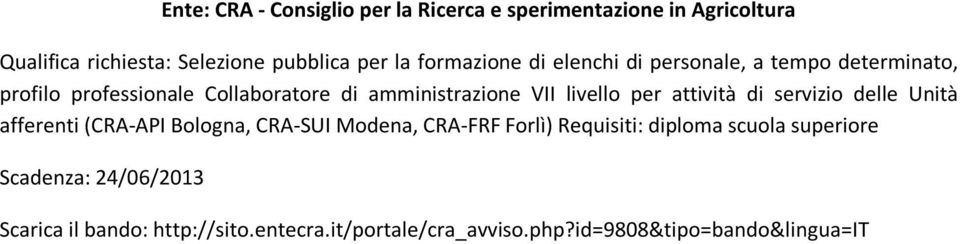 livello per attività di servizio delle Unità afferenti (CRA-API Bologna, CRA-SUI Modena, CRA-FRF Forlì) Requisiti: